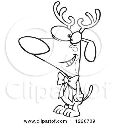 Clipart of a Cartoon Black and White Christmas Dog Wearing Antlers and a Bow - Royalty Free Vector Illustration by toonaday