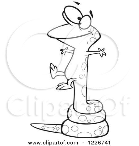 Clipart of a Cartoon Black and White Lizard Balanced on a Long Tail - Royalty Free Vector Illustration by toonaday