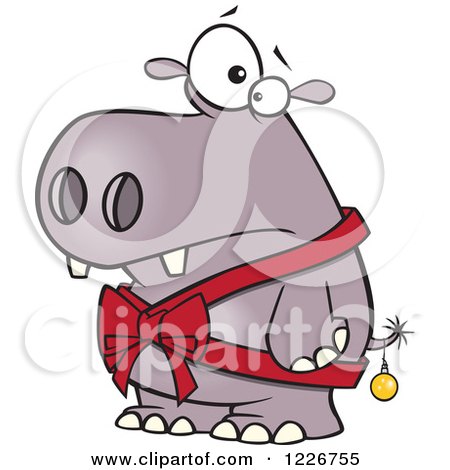 Clipart of a Cartoon Christmas Hippo in a Bow and a Bauble - Royalty Free Vector Illustration by toonaday