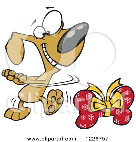 Clipart of a Cartoon Happy Christmas Dog Doing a Happy Dance by a Bone Gift - Royalty Free Vector Illustration by toonaday