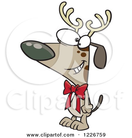 Clipart of a Cartoon Christmas Dog Wearing Antlers and a Bow - Royalty Free Vector Illustration by toonaday