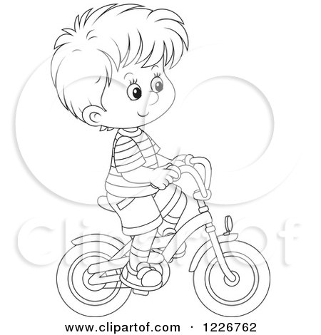 Clipart of an Outlined Happy Boy Riding a Bike - Royalty Free Vector Illustration by Alex Bannykh