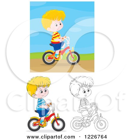 Clipart of an Outlined and Colored Happy Boy Riding a Bike - Royalty Free Vector Illustration by Alex Bannykh