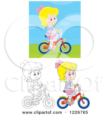Clipart of Outlined and Colored Happy Girl Riding a Bike - Royalty Free Vector Illustration by Alex Bannykh