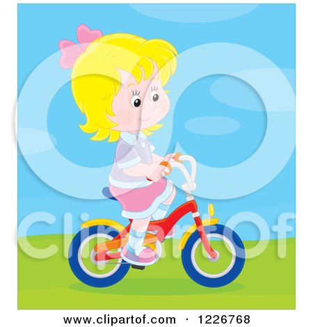 Clipart of a Happy Blond Girl Riding a Bicycle - Royalty Free Vector Illustration by Alex Bannykh