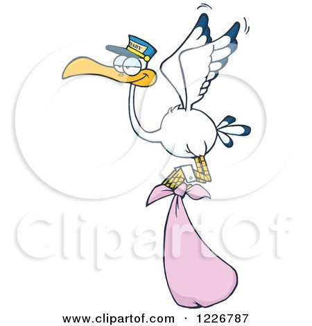 Clipart of a Stork Flying with a Pink Girl Bundle - Royalty Free Vector Illustration by Hit Toon