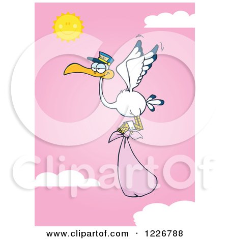 Clipart of a Stork Flying with a Pink Girl Bundle Against a Sky - Royalty Free Vector Illustration by Hit Toon
