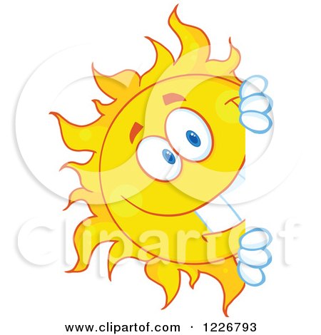 Clipart of a Cheerful Sun Mascot Looking Around a Sign - Royalty Free Vector Illustration by Hit Toon