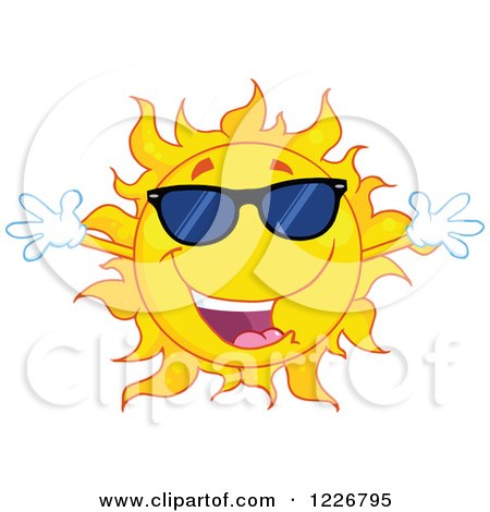 Clipart of a Welcoming Sun Mascot Wearing Sunglasses - Royalty Free Vector Illustration by Hit Toon