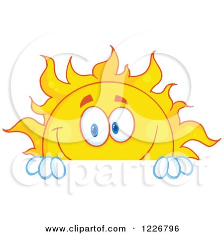 Clipart of a Cheerful Sun Mascot Looking over a Sign - Royalty Free Vector Illustration by Hit Toon