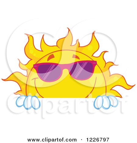 Clipart of a Cheerful Sun Mascot with Shades Looking over a Sign - Royalty Free Vector Illustration by Hit Toon