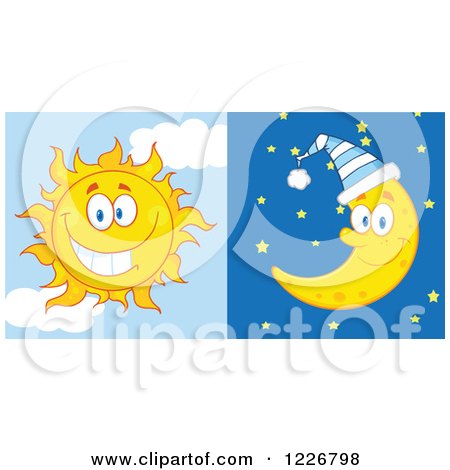 Clipart of a Cheerful Sun and Bed Time Crescent Moon - Royalty Free Vector Illustration by Hit Toon