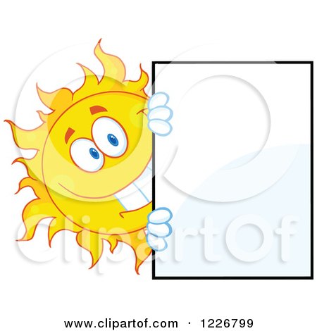 Clipart of a Cheerful Sun Mascot Looking Around a Sign Board - Royalty Free Vector Illustration by Hit Toon
