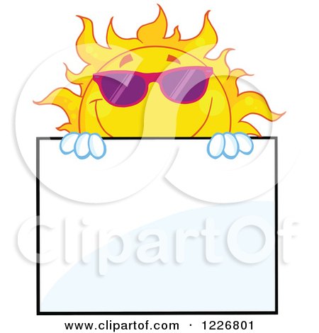 Clipart of a Sun Mascot with Sunglasses Looking Around a Sign Board - Royalty Free Vector Illustration by Hit Toon