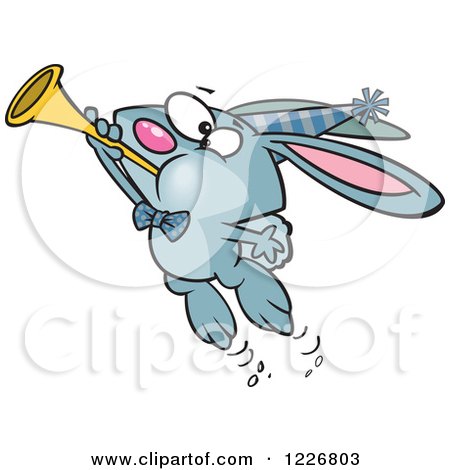 Clipart of a Cartoon Blue New Year Party Rabbit Blowing a Horn - Royalty Free Vector Illustration by toonaday