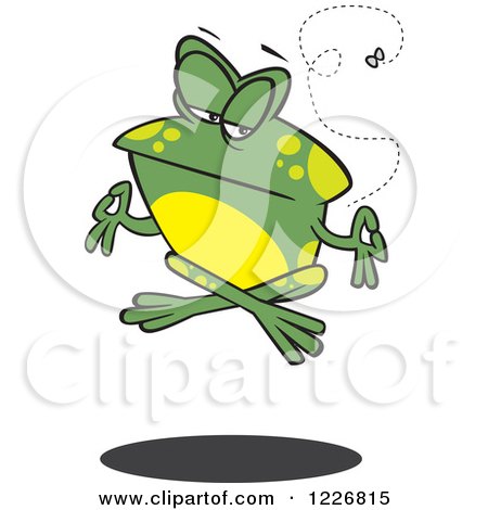 Clipart of a Cartoon Floating Meditating Frog and Fly - Royalty Free Vector Illustration by toonaday