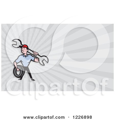 Clipart of a Mechanic with a Tire and Wrench Background or Business Card Design - Royalty Free Illustration by patrimonio