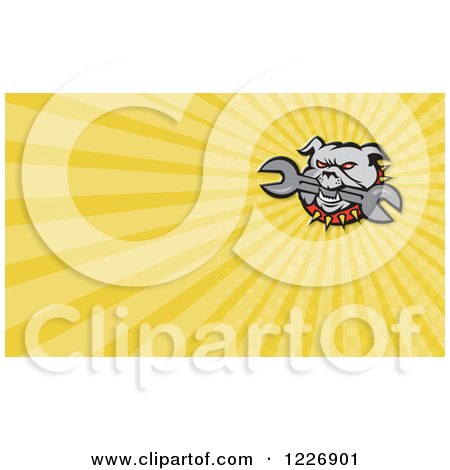 Clipart of a Bulldog Biting a Wrench and Yellow Rays Background or Business Card Design - Royalty Free Illustration by patrimonio