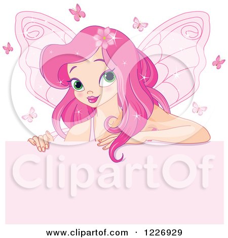 Clipart of a Pink Haired Fairy and Butterflies over a Sign - Royalty Free Vector Illustration by Pushkin