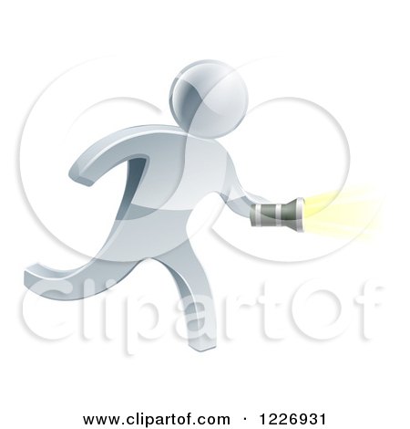 Clipart of a 3d Silver Man Running with a Flashlight - Royalty Free Vector Illustration by AtStockIllustration