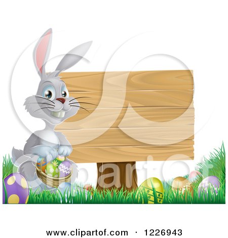 Clipart of a Gray Bunny Rabbit with a Basket of Easter Eggs by a Wood Sign - Royalty Free Vector Illustration by AtStockIllustration
