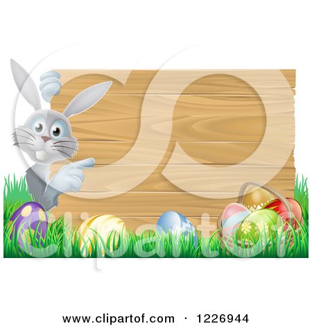 Clipart of a Gray Bunny Rabbit and Easter Eggs by a Wood Sign - Royalty Free Vector Illustration by AtStockIllustration