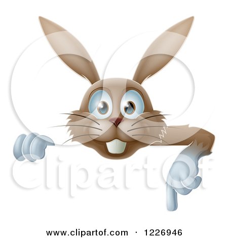 Clipart of a Happy Brown Rabbit Pointing down at a Sign - Royalty Free Vector Illustration by AtStockIllustration