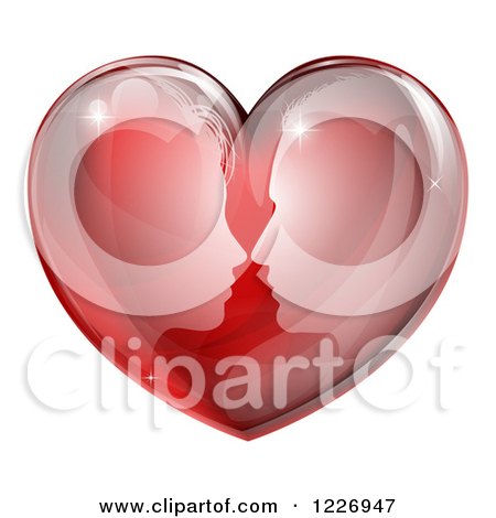 Clipart of a Silhouetted Profiled Couple About to Kiss in a Reflective Red Heart - Royalty Free Vector Illustration by AtStockIllustration
