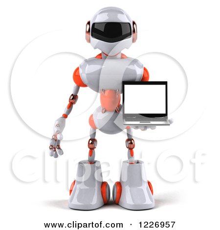 Clipart of a 3d White and Orange Male Techno Robot Holding a Laptop - Royalty Free Illustration by Julos