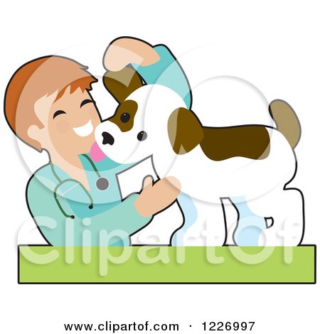 Clipart of a Happy Male Veterinarian Checking a Puppy Dog - Royalty Free Vector Illustration by Maria Bell