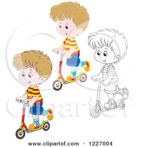 Clipart of an Outlined and Colored Happy Boy Riding a Scooter - Royalty Free Vector Illustration by Alex Bannykh