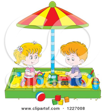 Clipart of a Caucasian Girl and Boy Playing in a Sand Box - Royalty Free Vector Illustration by Alex Bannykh