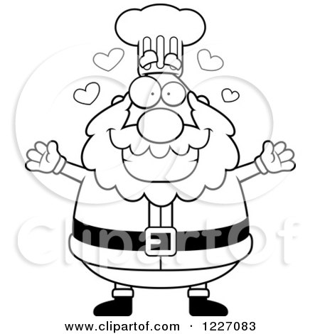 Clipart of a Black and White Chef Santa with Open Arms and Hearts - Royalty Free Vector Illustration by Cory Thoman