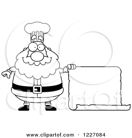 Clipart of a Black and White Chef Santa Holding a Scroll Sign - Royalty Free Vector Illustration by Cory Thoman