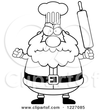 Clipart of a Black and White Mad Chef Santa Holding up a Rolling Pin - Royalty Free Vector Illustration by Cory Thoman