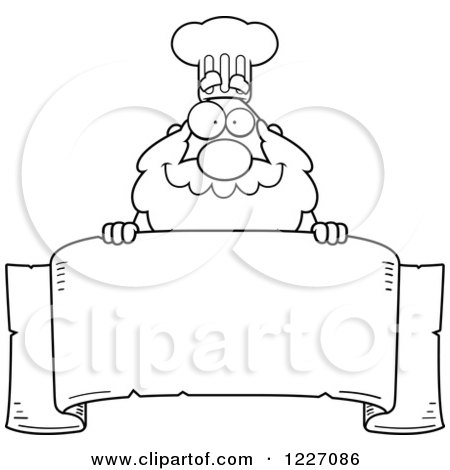 Clipart of a Black and White Chef Santa over a Scroll Banner - Royalty Free Vector Illustration by Cory Thoman