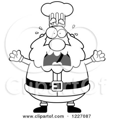 Clipart of a Black and White Scared Chef Santa Screaming - Royalty Free Vector Illustration by Cory Thoman