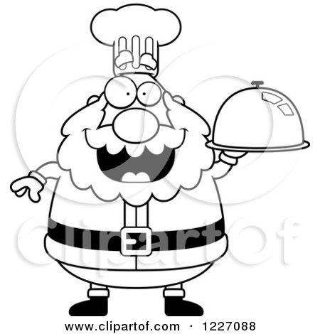 Clipart of a Black and White Chef Santa Holding a Platter Cloche - Royalty Free Vector Illustration by Cory Thoman