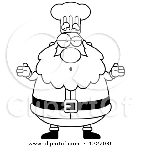 Clipart of a Black and White Shrugging Careless Chef Santa - Royalty Free Vector Illustration by Cory Thoman