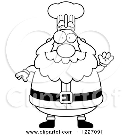Clipart of a Black and White Waving Chef Santa - Royalty Free Vector Illustration by Cory Thoman