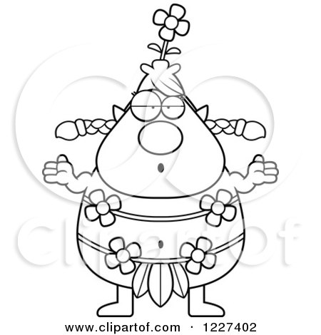 Clipart of a Black and White Careless Shrugging Female Forest Sprite - Royalty Free Vector Illustration by Cory Thoman