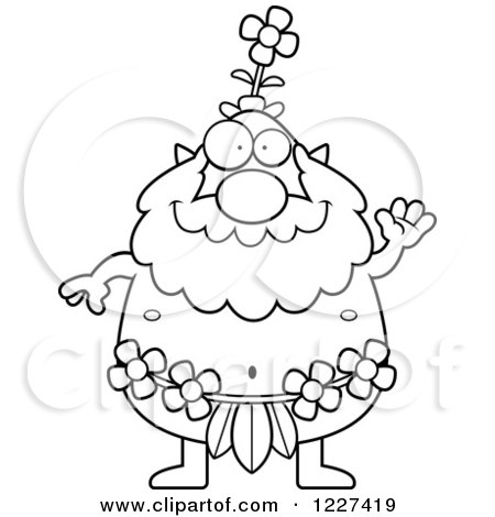 Clipart of a Black and White Waving Male Forest Sprite - Royalty Free Vector Illustration by Cory Thoman