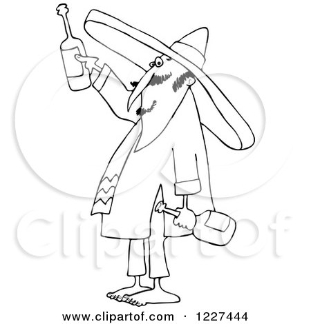 Clipart of an Outlined Mexican Man Wearing a Sombrero and Toasting - Royalty Free Vector Illustration by djart