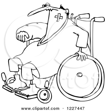 Clipart of an Outlined Injured Accident Prone Man in a Wheelchair - Royalty Free Vector Illustration by djart