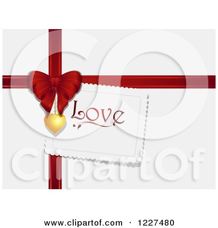 Clipart of a Love Tag with a Red Valentines Day Gift Bow and Ribbon on Shaded White - Royalty Free Vector Illustration by elaineitalia