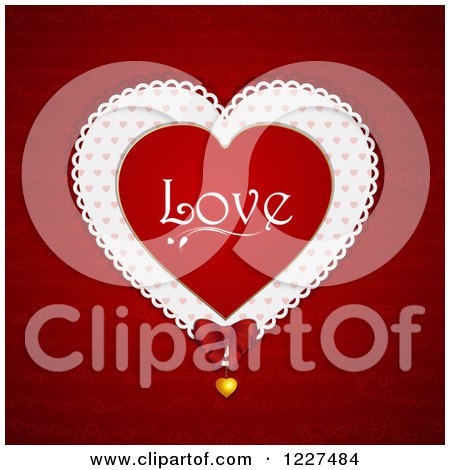 Clipart of a Love Valentines Day Doily Heart and Pendant over Red - Royalty Free Vector Illustration by elaineitalia