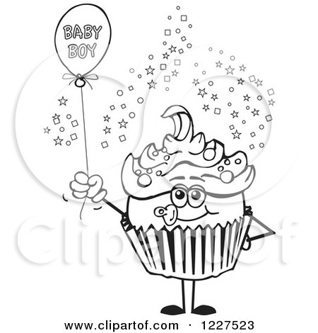 Clipart of a Black and White Cupcake with a Baby Boy Balloon - Royalty Free Vector Illustration by Dennis Holmes Designs