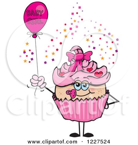 Clipart of a Pink Cupcake with a Baby Girl Balloon - Royalty Free Vector Illustration by Dennis Holmes Designs