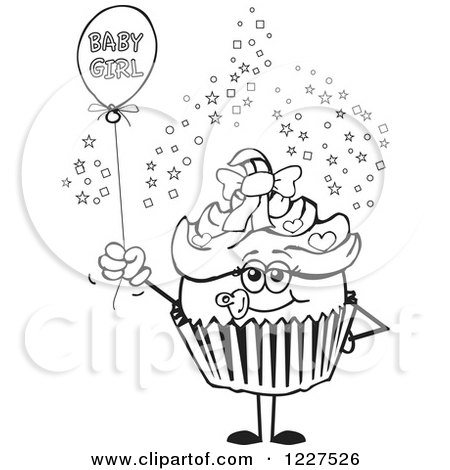 Clipart of a Black and White Cupcake with a Baby Girl Balloon - Royalty Free Vector Illustration by Dennis Holmes Designs