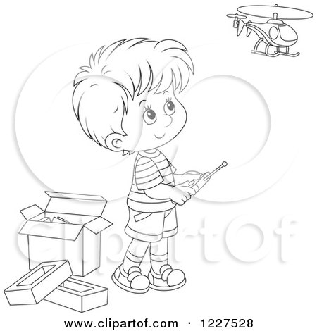 Clipart of an Outlined Boy Playing with a Remote Controlled Helicopter - Royalty Free Vector Illustration by Alex Bannykh
